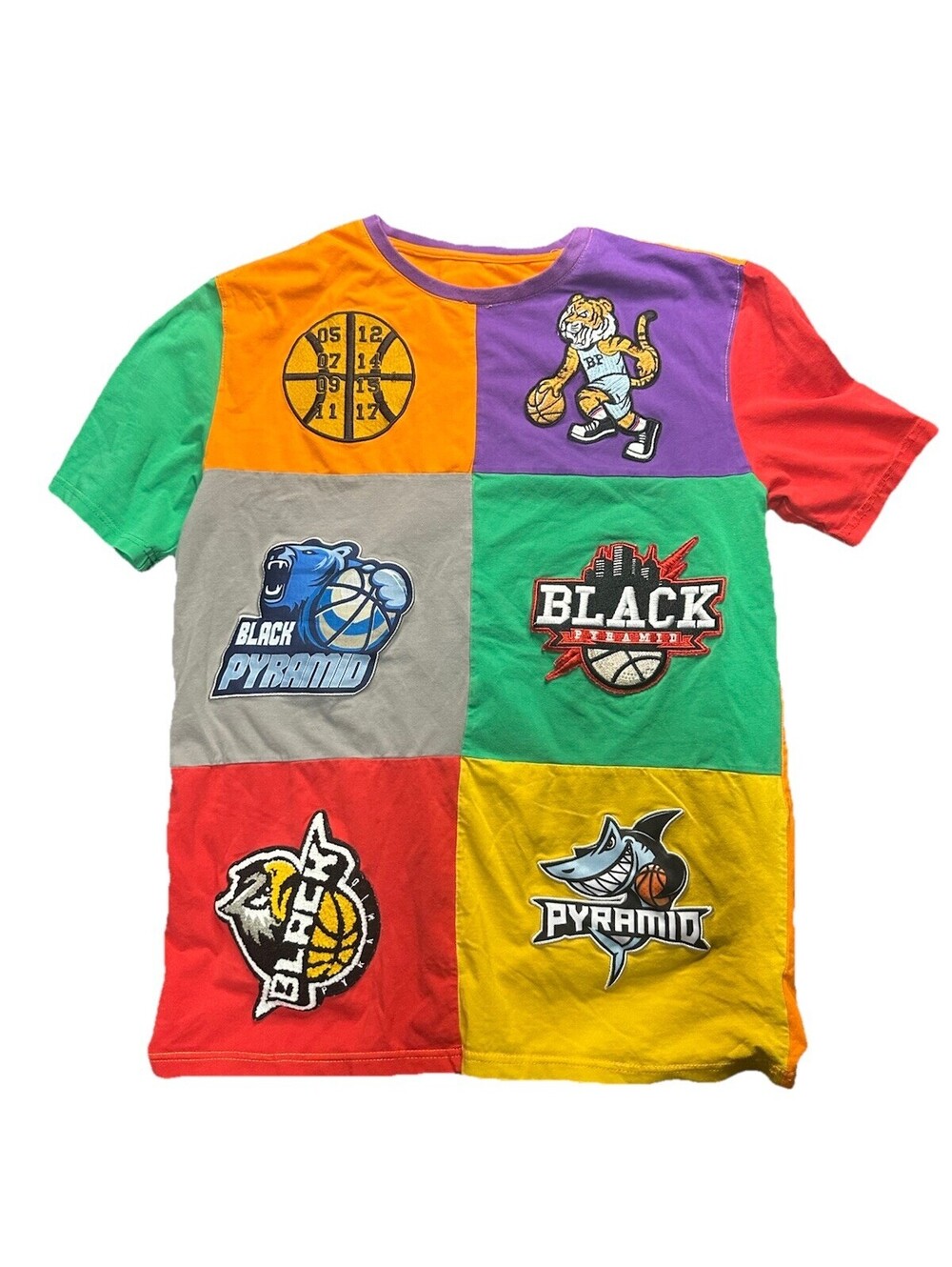Black Pyramid Color Block Tee Mens XL Embroidered Patch Streetwear Y2K